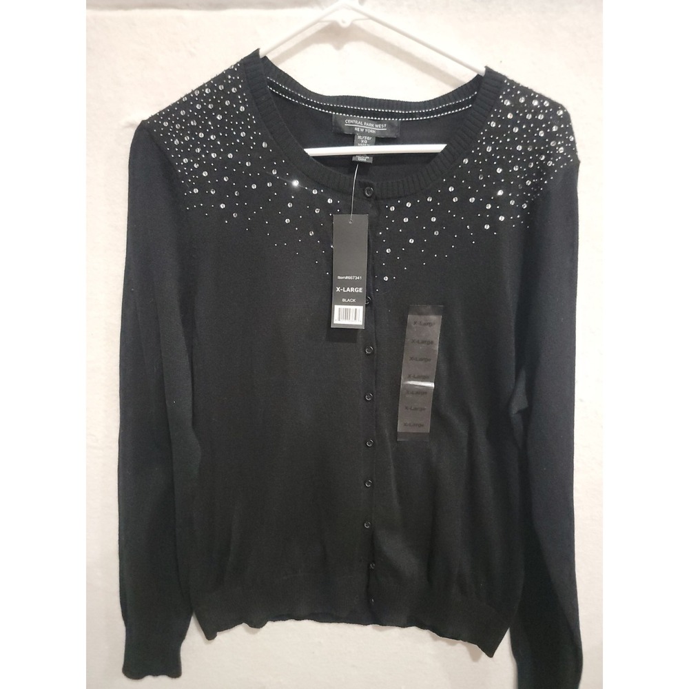 Central Park West Womens Beaded Sequin Embellished Cardigan Sweater Black XL NWT